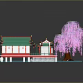 Traditional Chinese Garden Miniature Model With Green Roof Pavilions Red Bridge And Pink Blossom Tree
