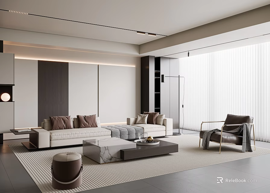 Modern Living Room With Light Sofa Throw Pillows Marble Coffee Table Large Windows Area Rug 3d model 