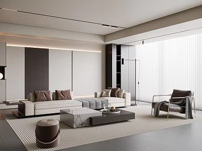 Modern Living Room With Light Sofa Throw Pillows Marble Coffee Table Large Windows Area Rug 3d model