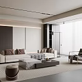 Modern Living Room With Light Sofa Throw Pillows Marble Coffee Table Large Windows Area Rug