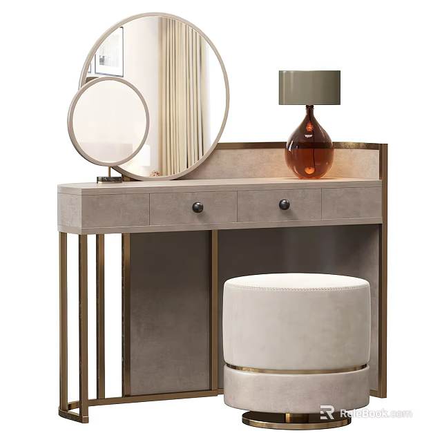 Elegant Modern Dressing Table With Gold Frame Gray Top Round Mirror And Beige Stool 3d model