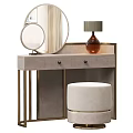 Elegant Modern Dressing Table With Gold Frame Gray Top Round Mirror And Beige Stool 3d model