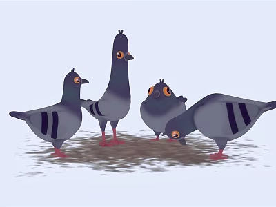 Gray Pigeons with Black Stripes Orange Eyes Red Feet Gathered on Ground Pecking Food Together 3d model