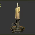 Burning White Candle On Decorative Metal Candlestick With Curved Handle And Tray