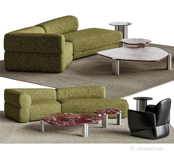 Green Upholstered Sofa Coffee Table Set With Marble Top And Metal Legs 3d model 