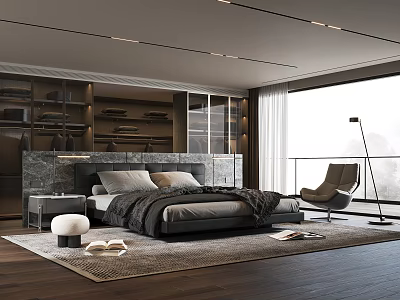 Modern Bedroom Interior Design With King Bed Nightstand Soft Rug And Floor To Ceiling Window 3d model
