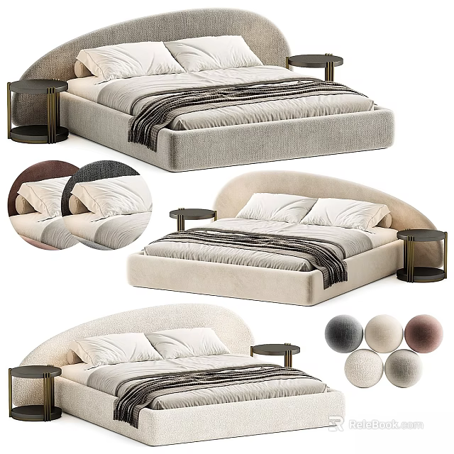 Elegant Upholstered Double Bed With Curved Headboard Striped Blanket Pillows Side Tables And Color Options 3d model 