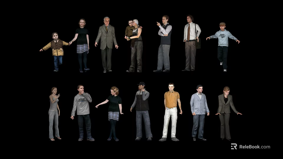 Multiple People In Different Poses With Various Outfits On Black Background 3d model
