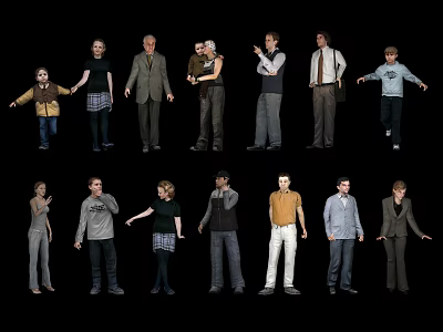 Multiple People In Different Poses With Various Outfits On Black Background 3d model