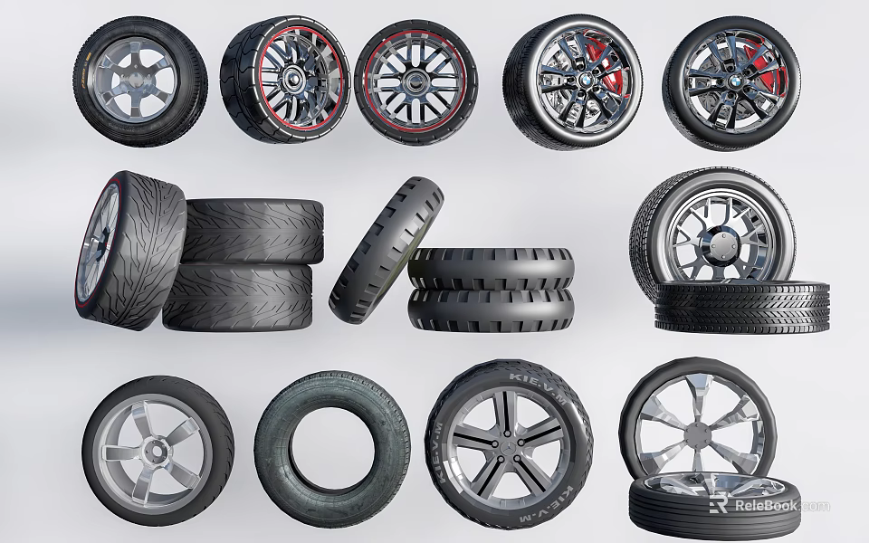 Various Car Tires And Wheels Collection With Different Rim Designs And Styles 3d model 