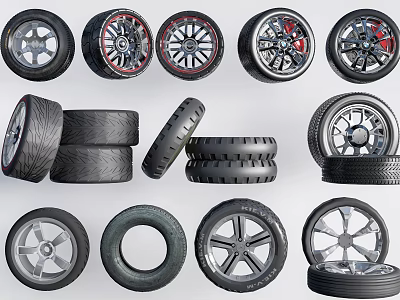 Various Car Tires And Wheels Collection With Different Rim Designs And Styles 3d model