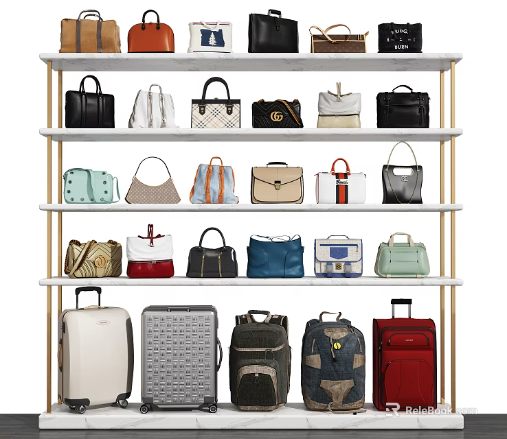 Organized Display Of Different Handbags Backpacks And Suitcases On Multiple Shelves 3d model 