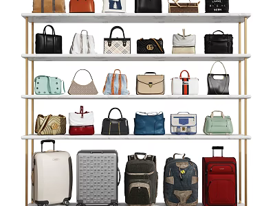 Organized Display Of Different Handbags Backpacks And Suitcases On Multiple Shelves 3d model