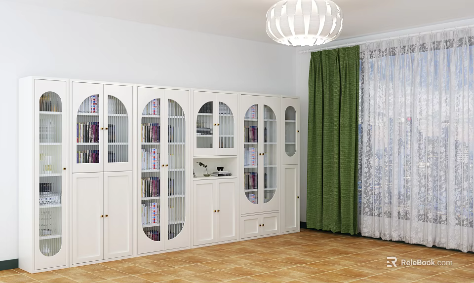 Modern Living Room Interior With White Cabinet Shelves Glass Doors Books And Green Curtains 3d model 