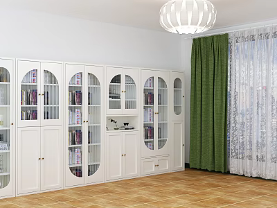 Modern Living Room Interior With White Cabinet Shelves Glass Doors Books And Green Curtains 3d model