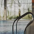 Indoor Swimming Pool With Large Windows Modern Ceiling And Lounge Chairs