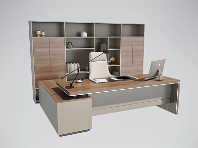 Modern Office Desk With Wooden Top Shelves Books Decorative Items Desk Lamp And Laptop 3d model