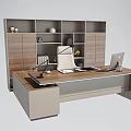 Modern Office Desk With Wooden Top Shelves Books Decorative Items Desk Lamp And Laptop