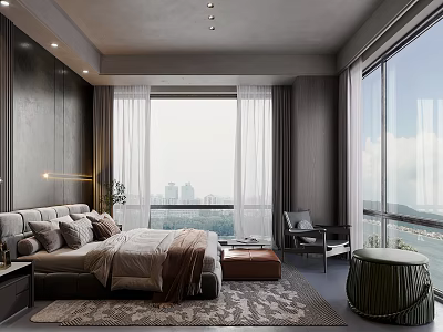 Modern Bedroom With Large Bed Gray Walls Floor to Ceiling Windows City View 3d model