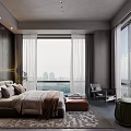Modern Bedroom With Large Bed Gray Walls Floor to Ceiling Windows City View