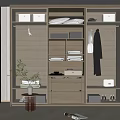 Modern Wooden Wardrobe Interior With Shelves Drawers Hanging Space Storage Boxes And Folded Clothes
