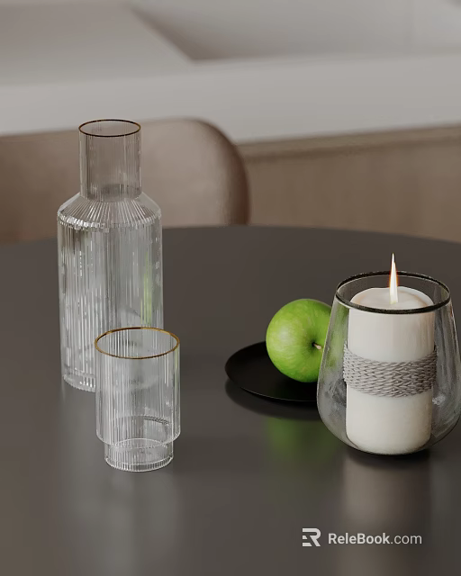 Tabletop Decorative Ornament Set With Gold Rimmed Transparent Glassware Candle Green Apple And Black Tray 3d model 