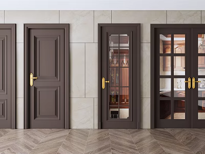 Dark Brown Hinged Doors With Golden Handles Glass Panels And Grids 3d model