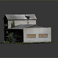 Old Building Model With Gray Roof Broken Windows And Green Grass Plants