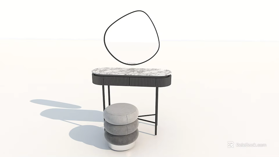 Modern Minimalist Dressing Table With Marble Top Black Irregular Mirror And Grey Round Layered Stool 3d model 