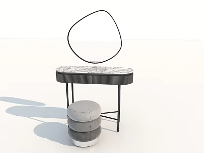Modern Minimalist Dressing Table With Marble Top Black Irregular Mirror And Grey Round Layered Stool 3d model