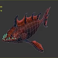 Red and Blue Spiked Back Fish with Sharp Teeth Yellow Eyes Wing Fins