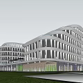Modern Office Building With Glass Curtain Walls Green Surroundings Red Flag Cars And Pedestrians