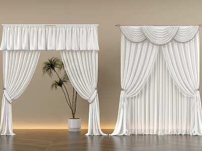 Elegant White Curtains with Layered Valance Flowing Drapes and Green Plant in Modern Room 3d model