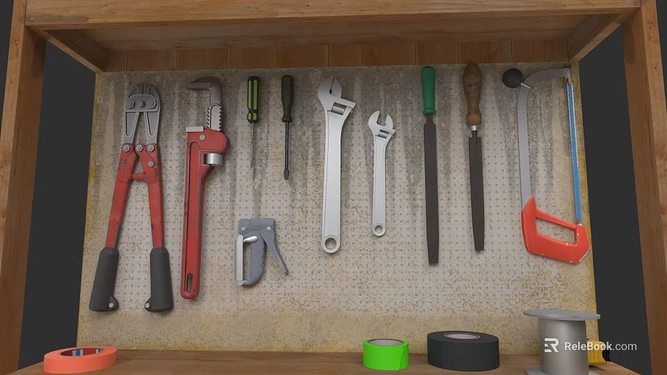 Practical Tool Set with Pliers Wrenches Saws and Tape Rolls on Wooden Shelf 3d model 