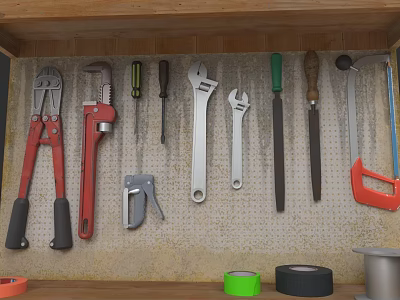 Practical Tool Set with Pliers Wrenches Saws and Tape Rolls on Wooden Shelf 3d model