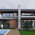 Modern Luxury Detached Villa With Swimming Pool Terrace Palm Trees Lawn And Wooden Deck