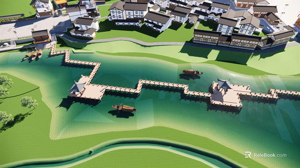 Scenic Waterfront Landscape With Wooden Boardwalk Residential Buildings And Moored Boats 3d model 