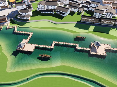Scenic Waterfront Landscape With Wooden Boardwalk Residential Buildings And Moored Boats 3d model