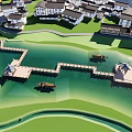 Scenic Waterfront Landscape With Wooden Boardwalk Residential Buildings And Moored Boats