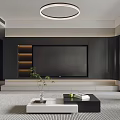 Modern Living Dining Room Interior With Large TV Wall Black Cabinets And Round Ceiling Light 3d model