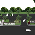 Parking Lot Design With Green Trees Vehicles And Surrounding Road