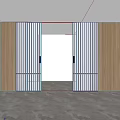 Wooden Vertical Striped Sliding Doors Revealing Modern Building And Natural Lawn View
