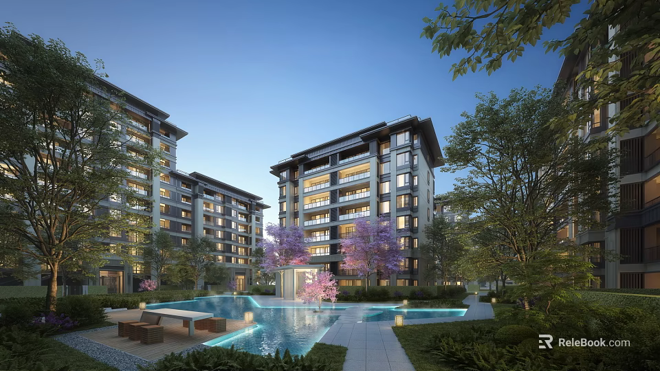 Modern Residential Buildings With Swimming Pool Greenery And Purple Flowers 3d model 