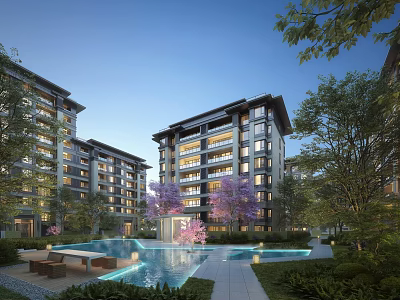 Modern Residential Buildings With Swimming Pool Greenery And Purple Flowers 3d model