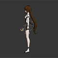 Game Movie Character with Long Brown Hair Red Hair Accessories Black White Outfit Short Skirt
