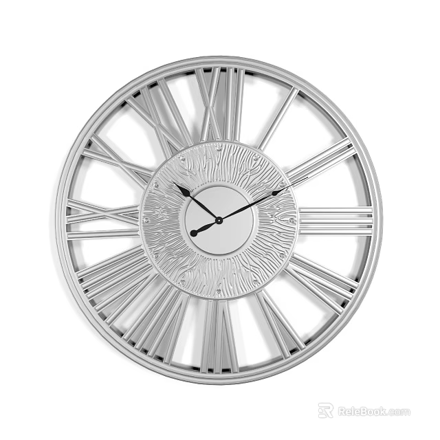 Modern Silver Wall Clock With Roman Numerals And Decorative Design 3d model 