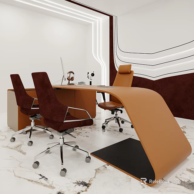 Modern Study Room With Curved Desk Office Chairs And Tech Decor 3d model 