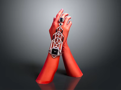 Red Hand Model Displaying Stylish Wrist Accessory With Geometric Patterns And Black Gemstones 3d model
