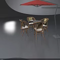 Red Outdoor Parasol With Four Chairs And Round Dining Table Setup 3d model