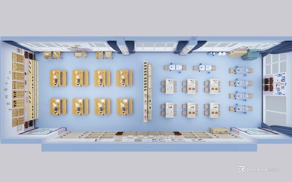 Spacious School Classroom Interior Featuring Organized Desks Chairs And Bookshelves Layout 3d model